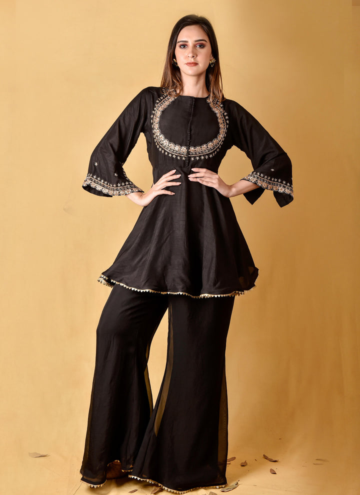 Black Peplum Tunic With Organza Sharara