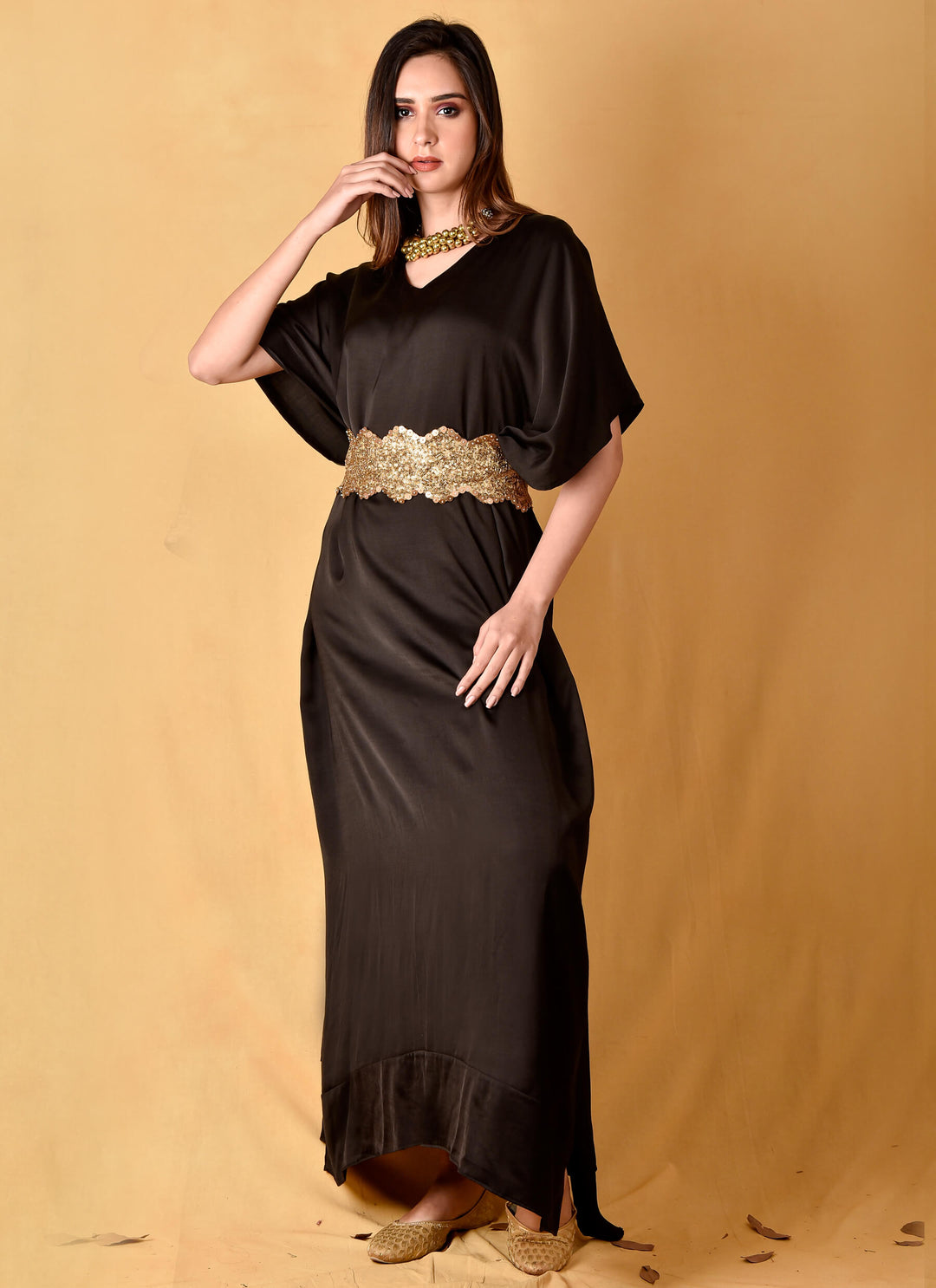 Black Satin Kaftan Dress With Belt