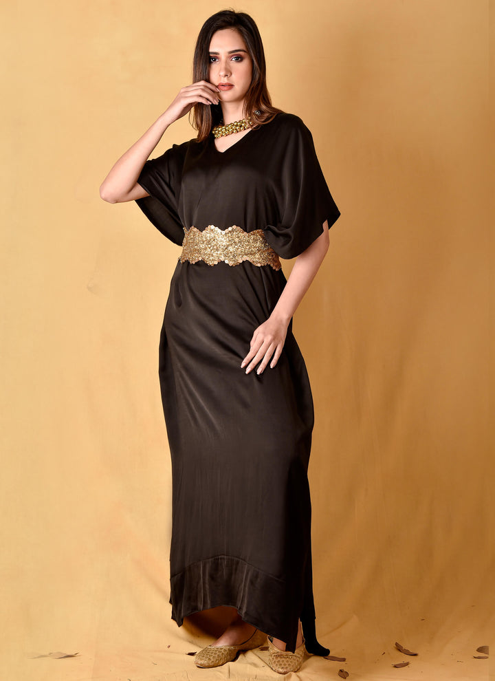 Black Satin Kaftan Dress With Belt