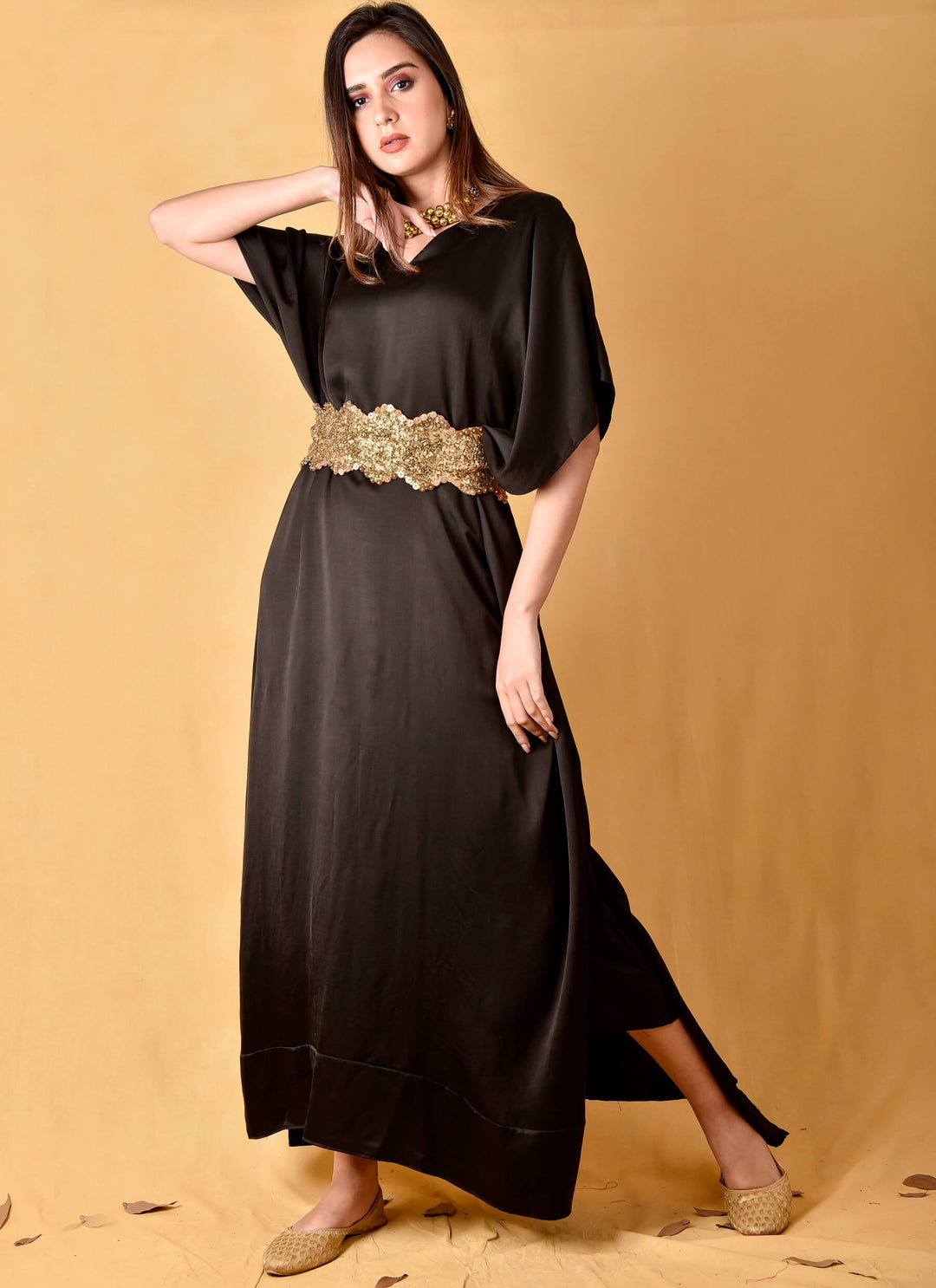 Black Satin Kaftan Dress With Belt