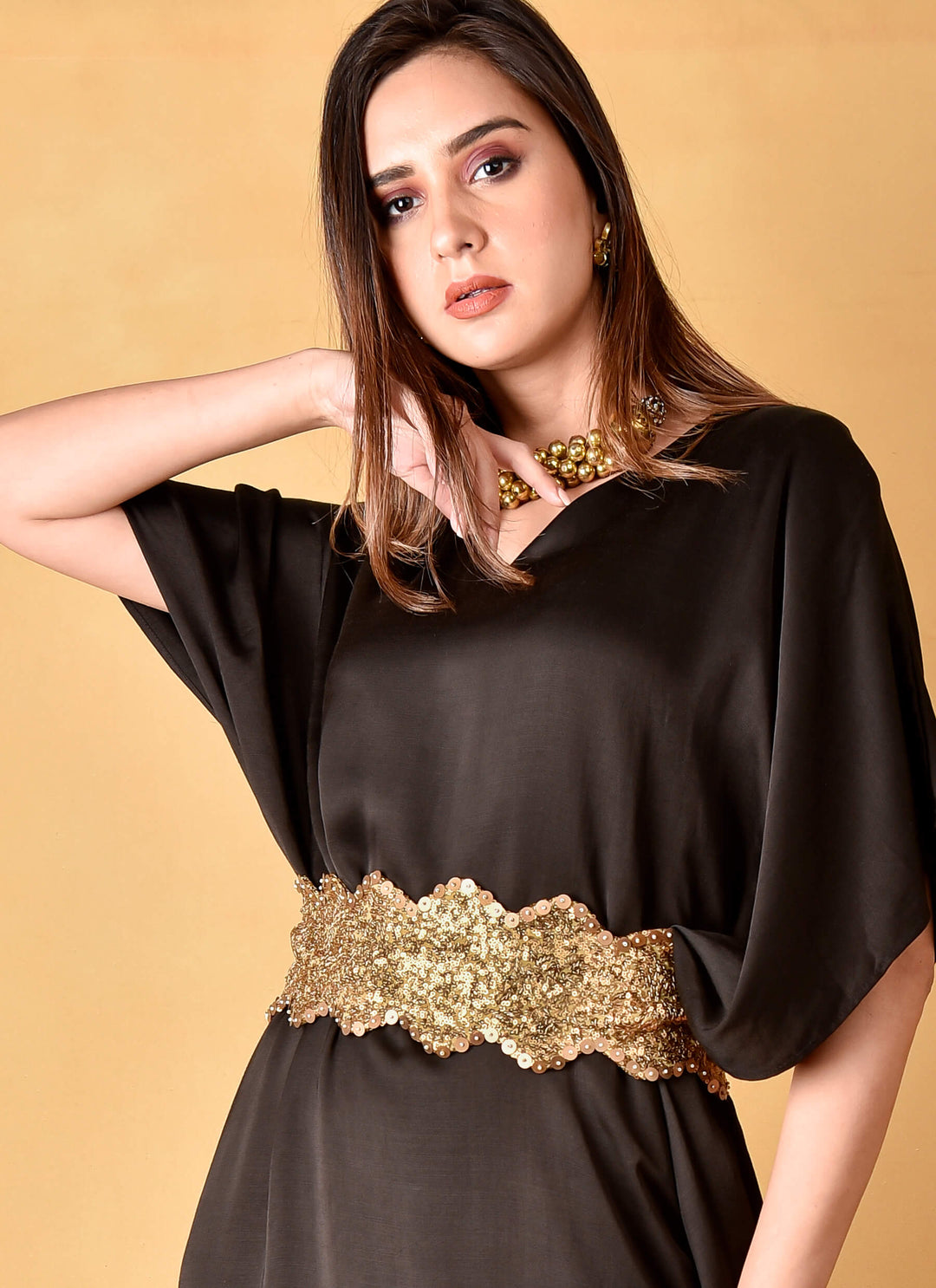 Black Satin Kaftan Dress With Belt