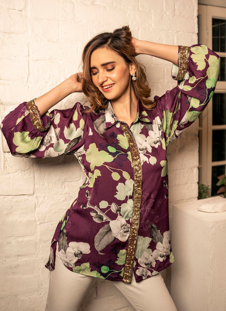 Purple floral printed shirt with sequins and tubework - 1