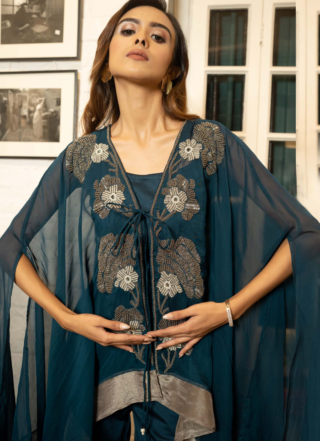 Teal Embroidered Co-ord Cape Set