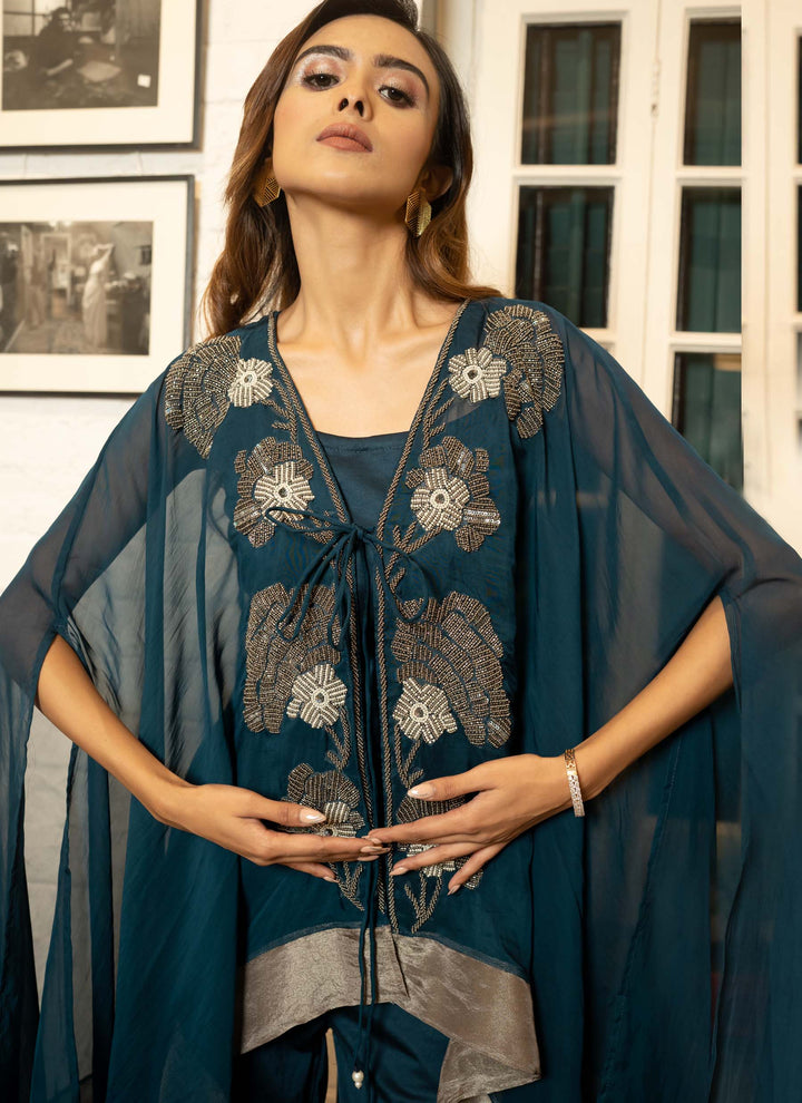 Teal Embroidered Co-ord Cape Set