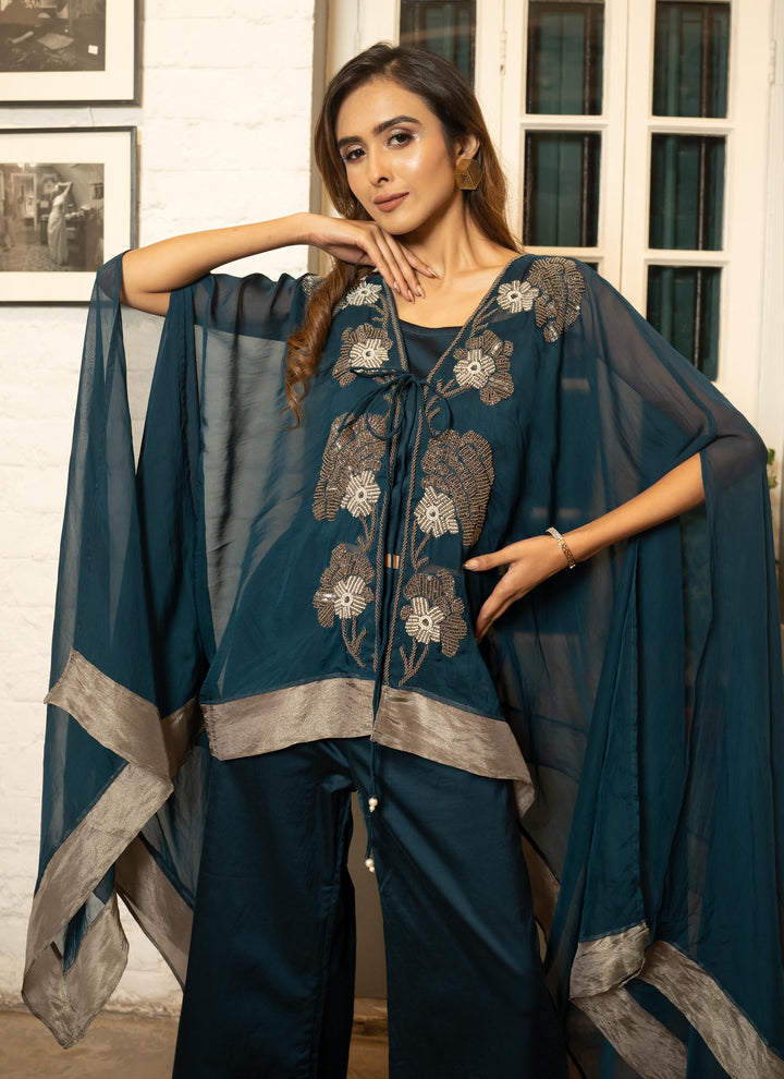 Teal Embroidered Co-ord Cape Set