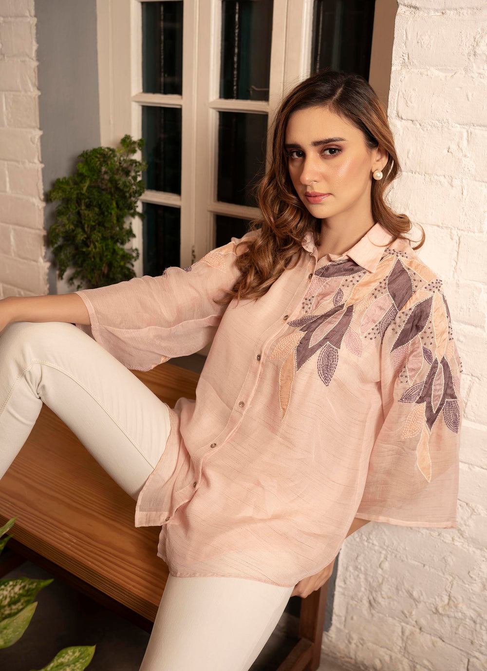 Pink Chanderi Applique Shirt - 1