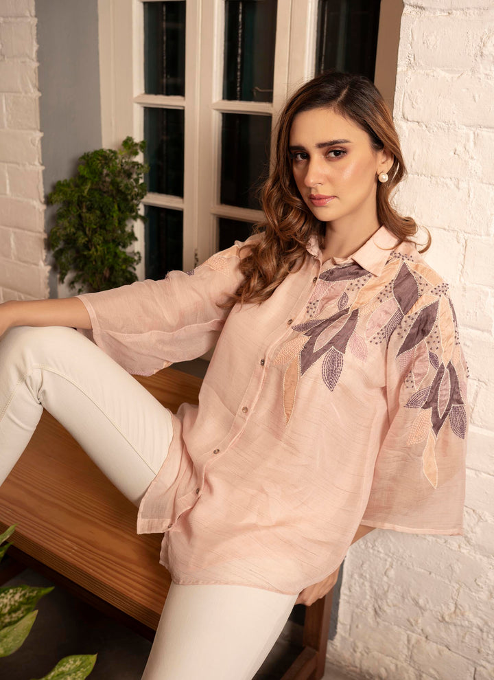 Pink Chanderi Applique Shirt - 1