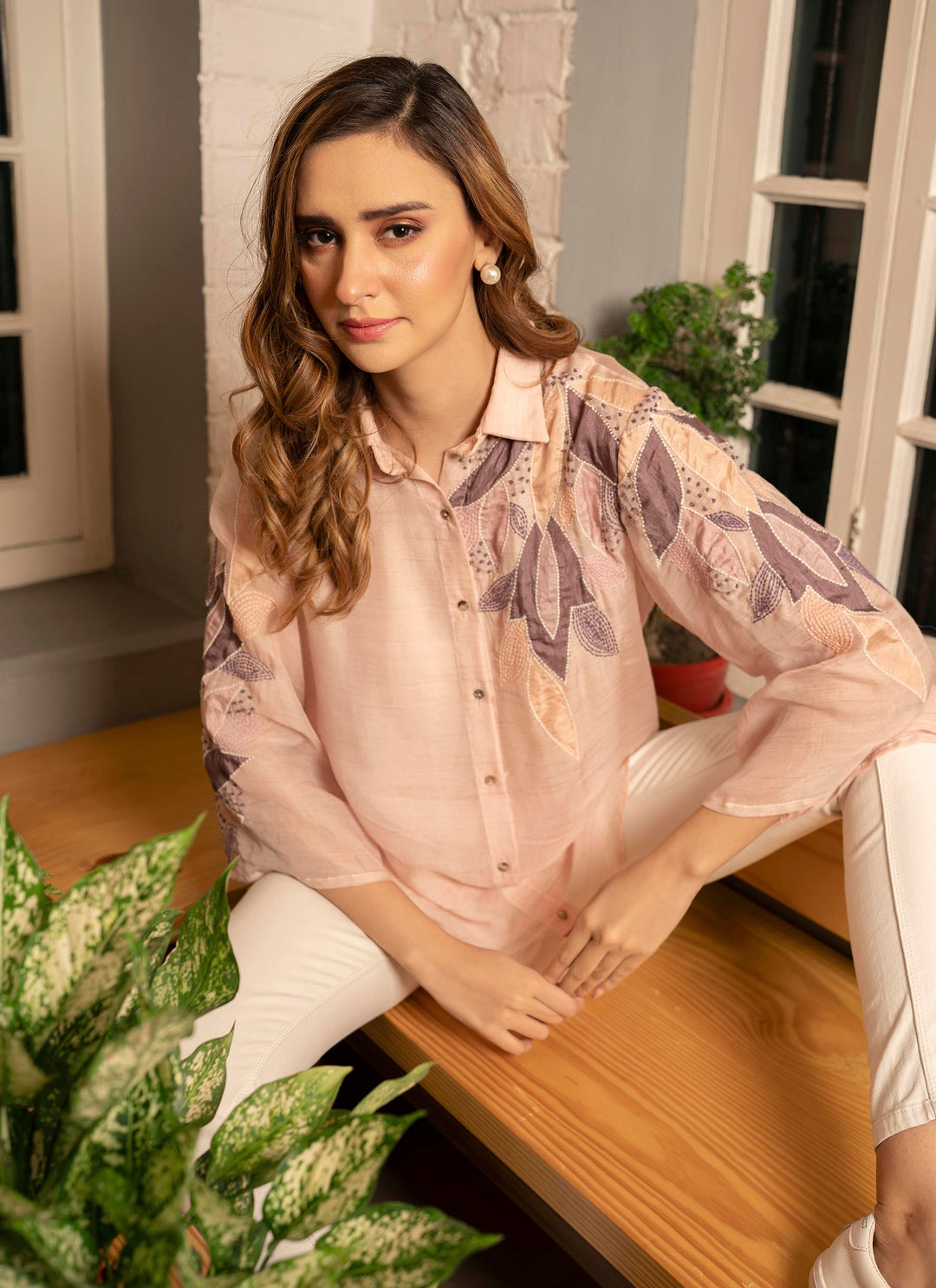 Pink Chanderi Applique Shirt - 3