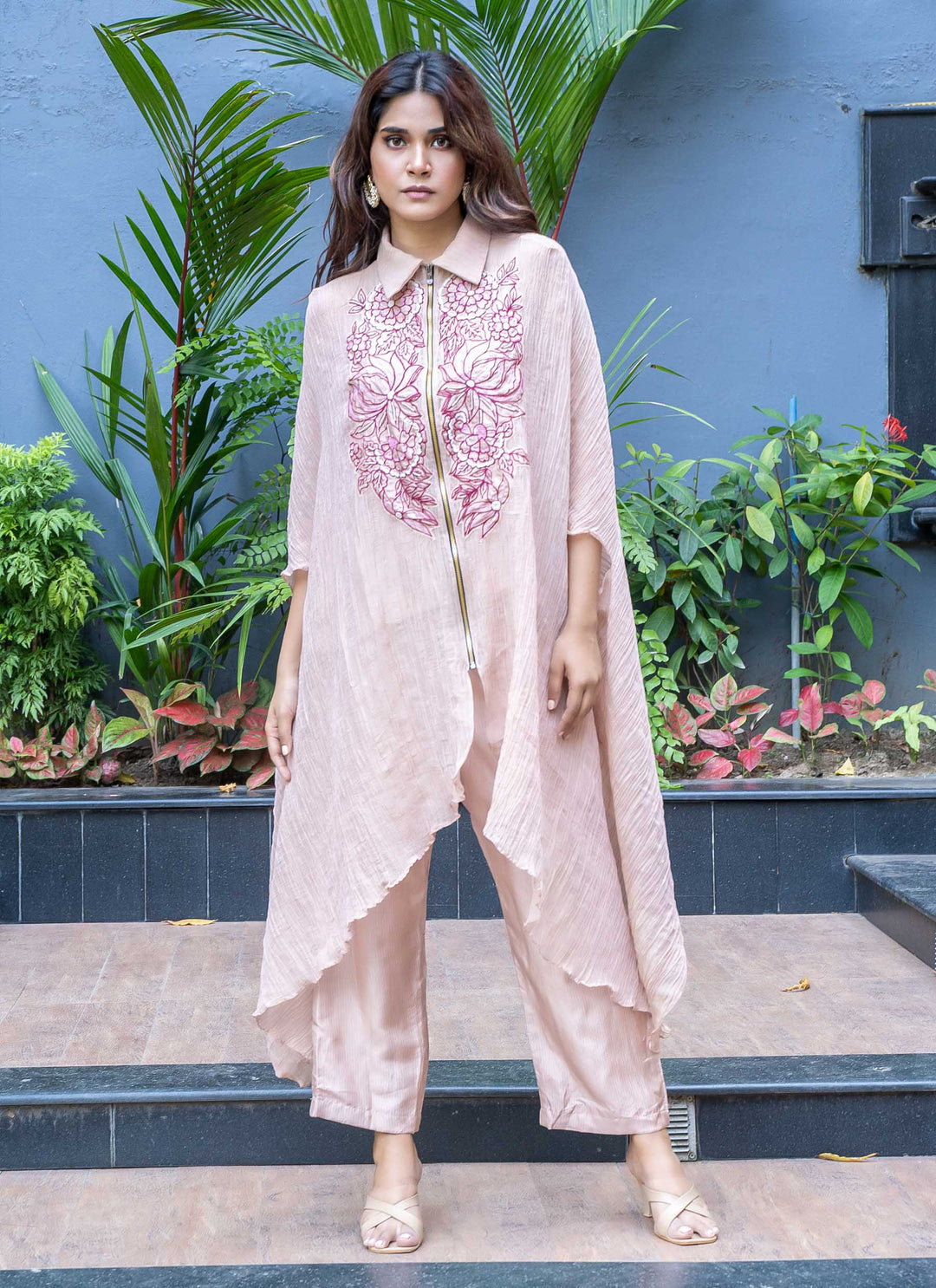 Blush pink crushed tissue jacket with pants - 1