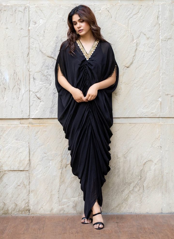 Black Embroidered Kaftan Pleated Dress - 1