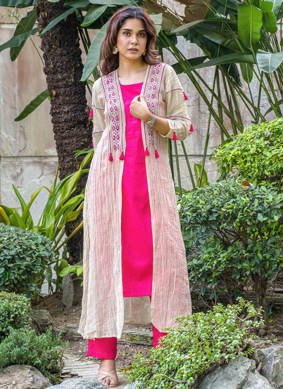 Rani Pink Co-ord Set With Crushed Tissue Jacket - 1