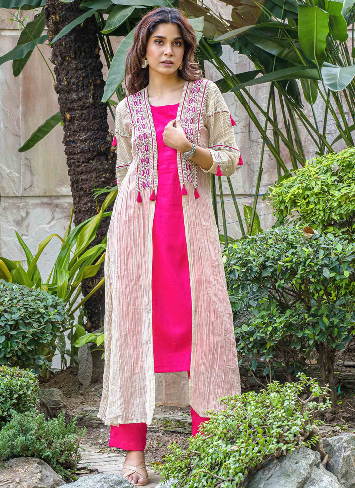 Rani Pink Co-ord Set With Crushed Tissue Jacket - 1