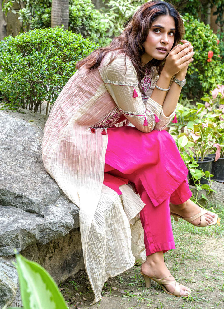 Rani Pink Co-ord Set With Crushed Tissue Jacket - 2