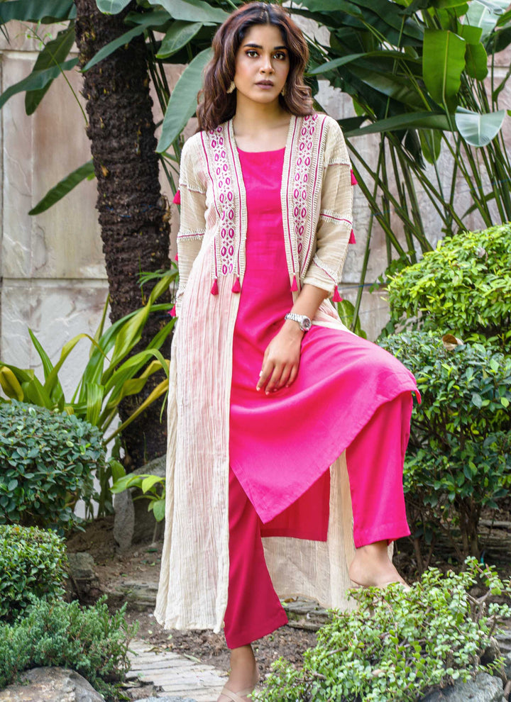 Rani Pink Co-ord Set With Crushed Tissue Jacket - 3