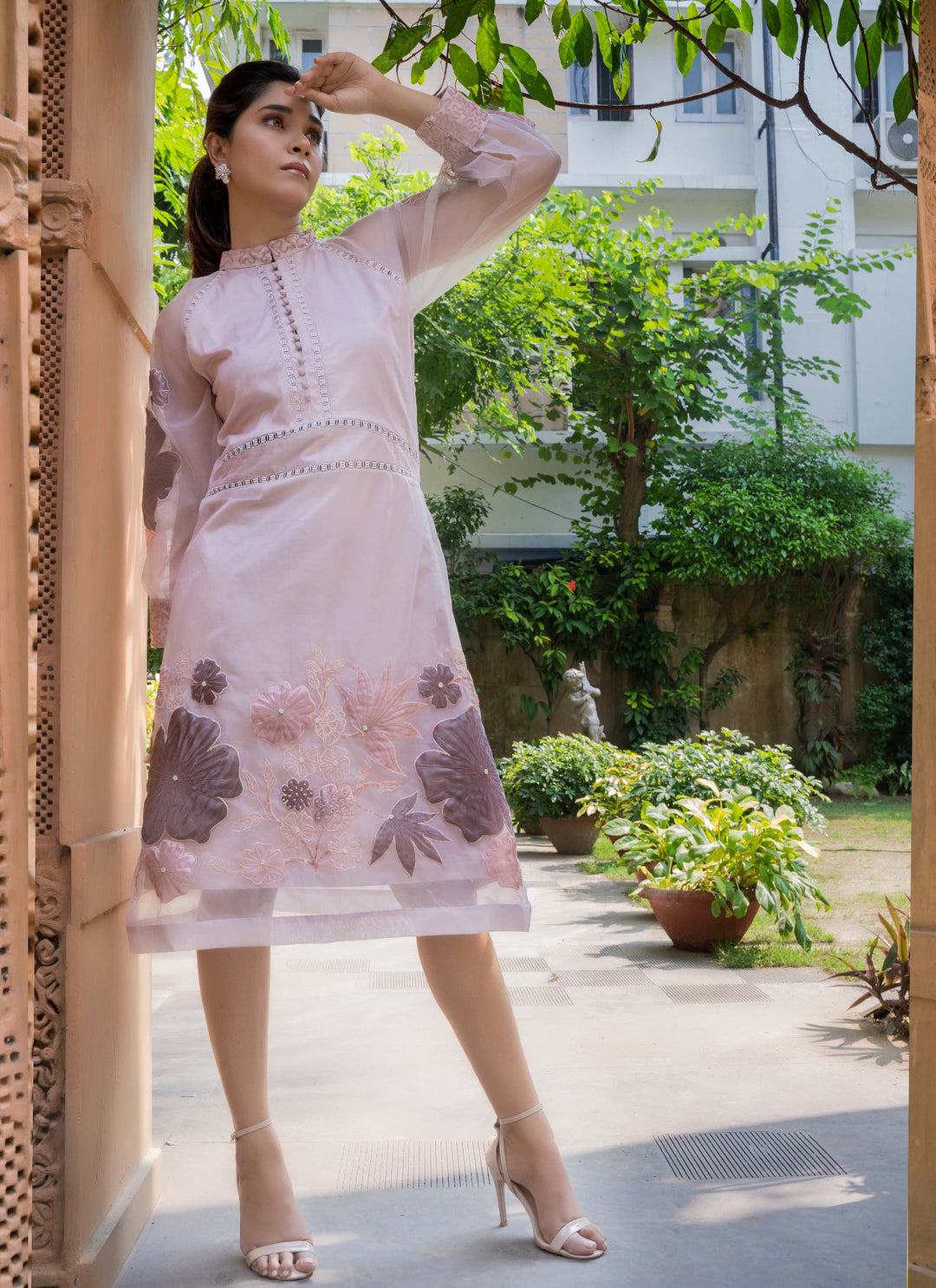 Onion Pink Applique Work Dress - 1