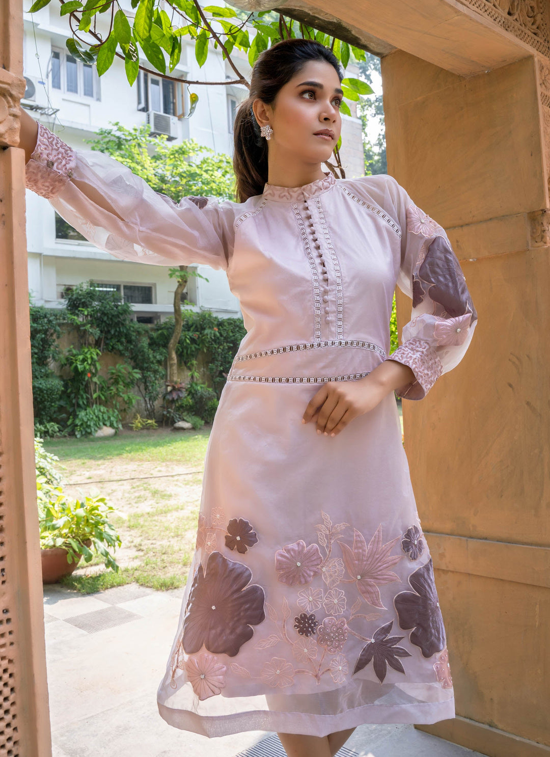 Onion Pink Applique Work Dress - 3