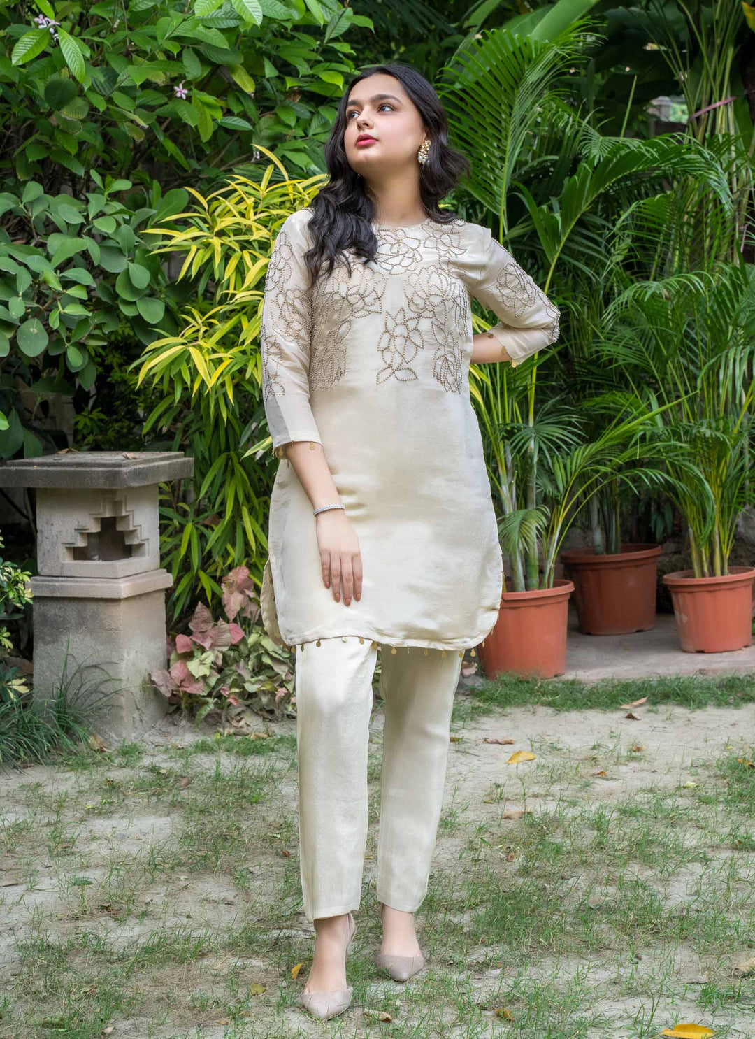 Gold Tissue Pearl and Sequins Tunic With Tissue Pants - 1