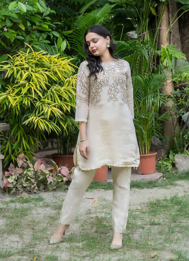 Gold Tissue Pearl and Sequins Tunic With Tissue Pants - 2