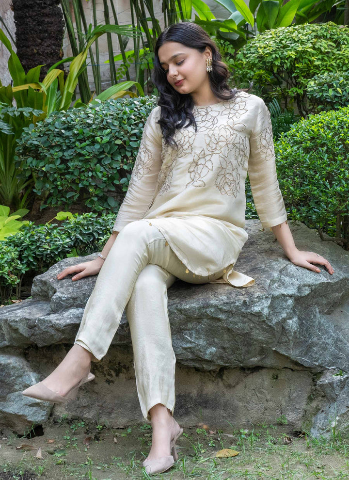 Gold Tissue Pearl and Sequins Tunic With Tissue Pants - 3