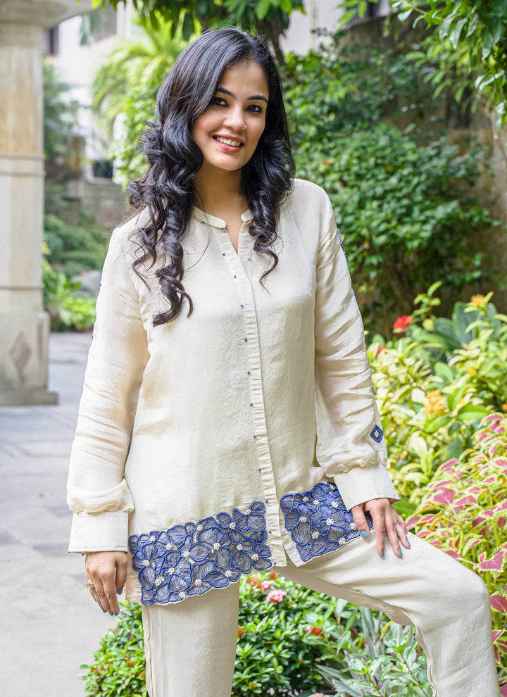 Gold Tissue Blue Cutwork Shirt With Pants - 3