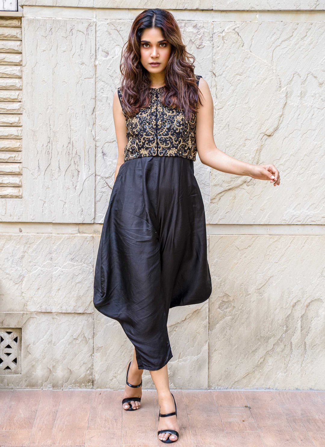 Black Cowl Jumpsuit With Hand-Embroidered Jacket - 4