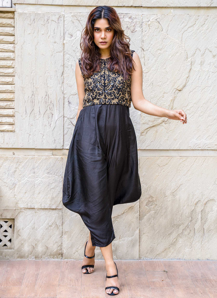 Black Cowl Jumpsuit With Hand-Embroidered Jacket - 4