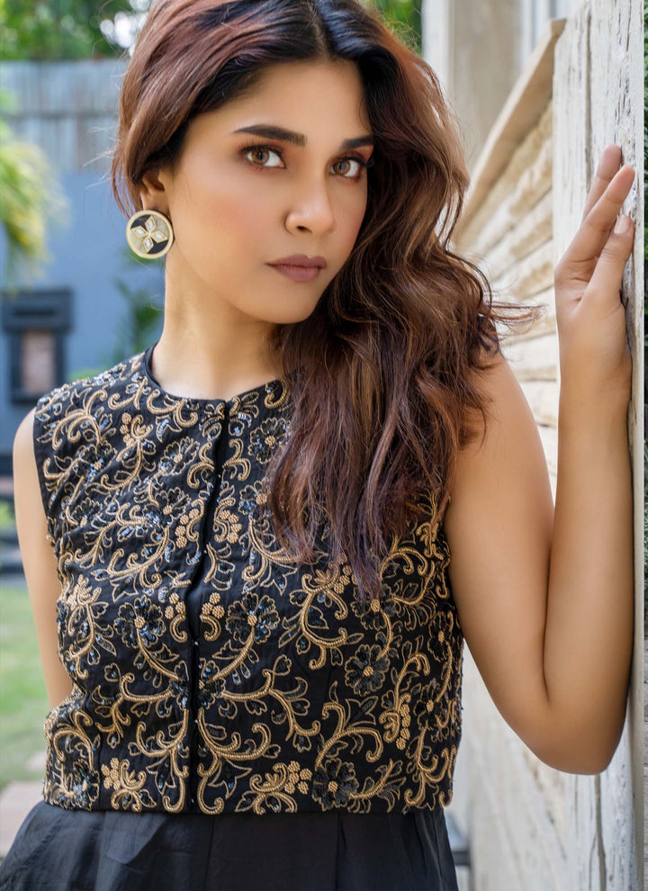 Black Cowl Jumpsuit With Hand-Embroidered Jacket - 5