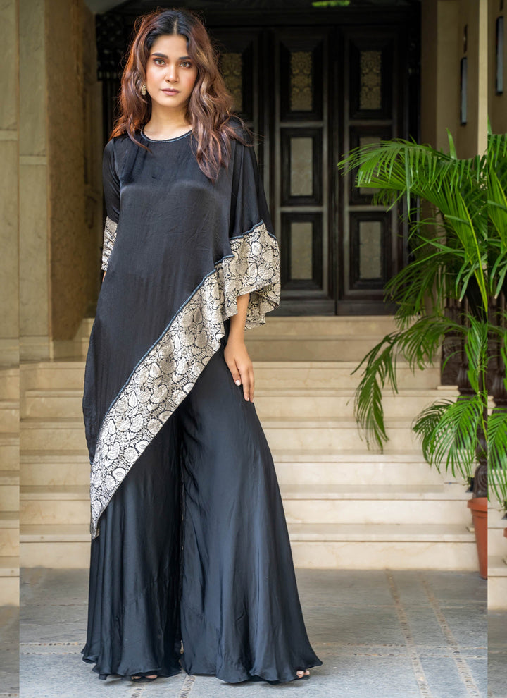 Black Asymmetrical Tunic With Sharara Pants - 1