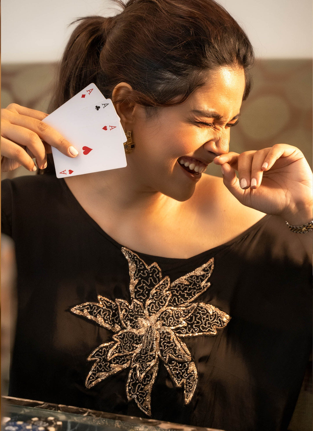 Black Pleated Dress With Golden Flower - 4