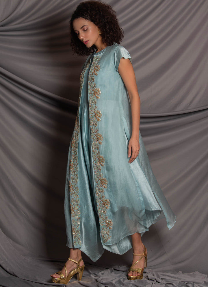 Blue Dress With Organza Jacket Side