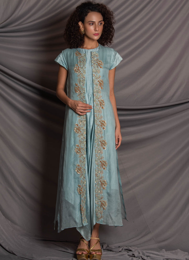 Blue Dress With Organza Jacket Front