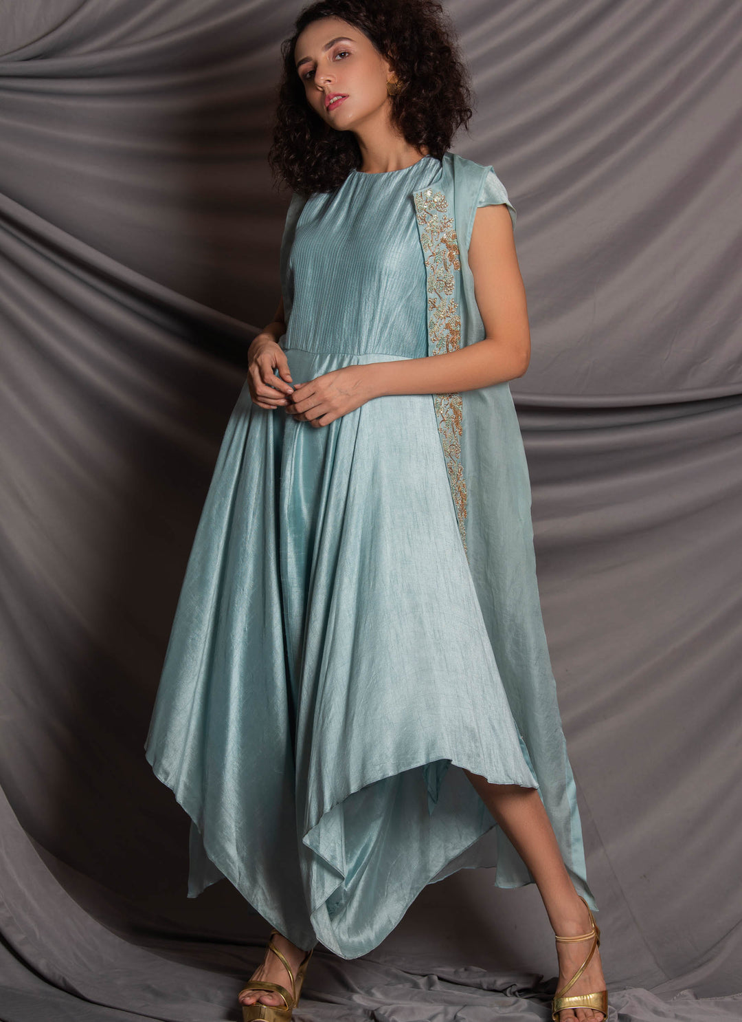 Blue Dress With Organza Jacket Jumpsuit