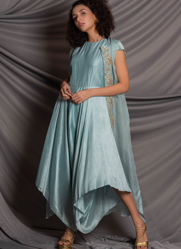 Blue Dress With Organza Jacket Jumpsuit