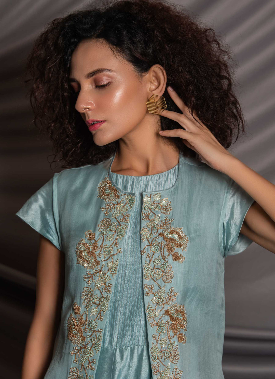 Blue Dress With Organza Jacket Close