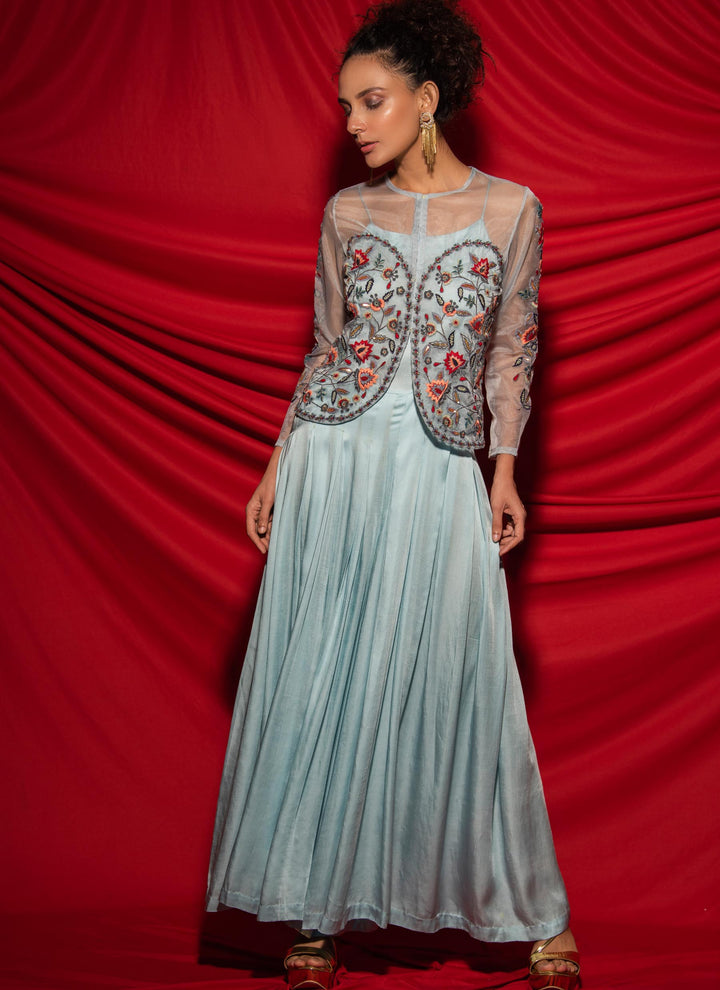 Blue Jumpsuit With Crop Top Jacket Full