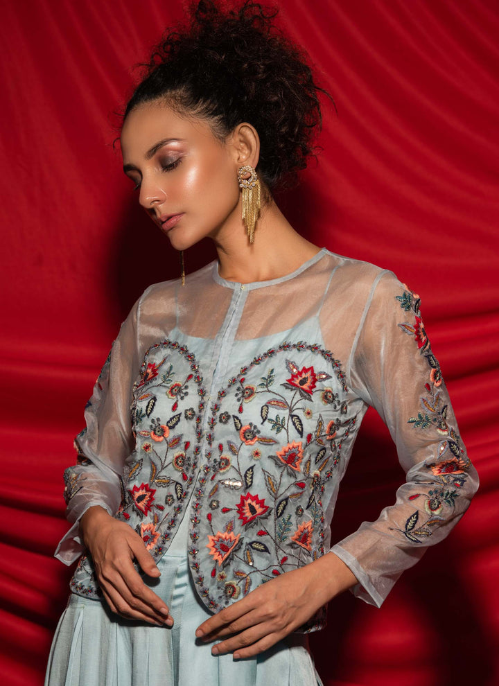 Blue Jumpsuit With Crop Top Jacket Close