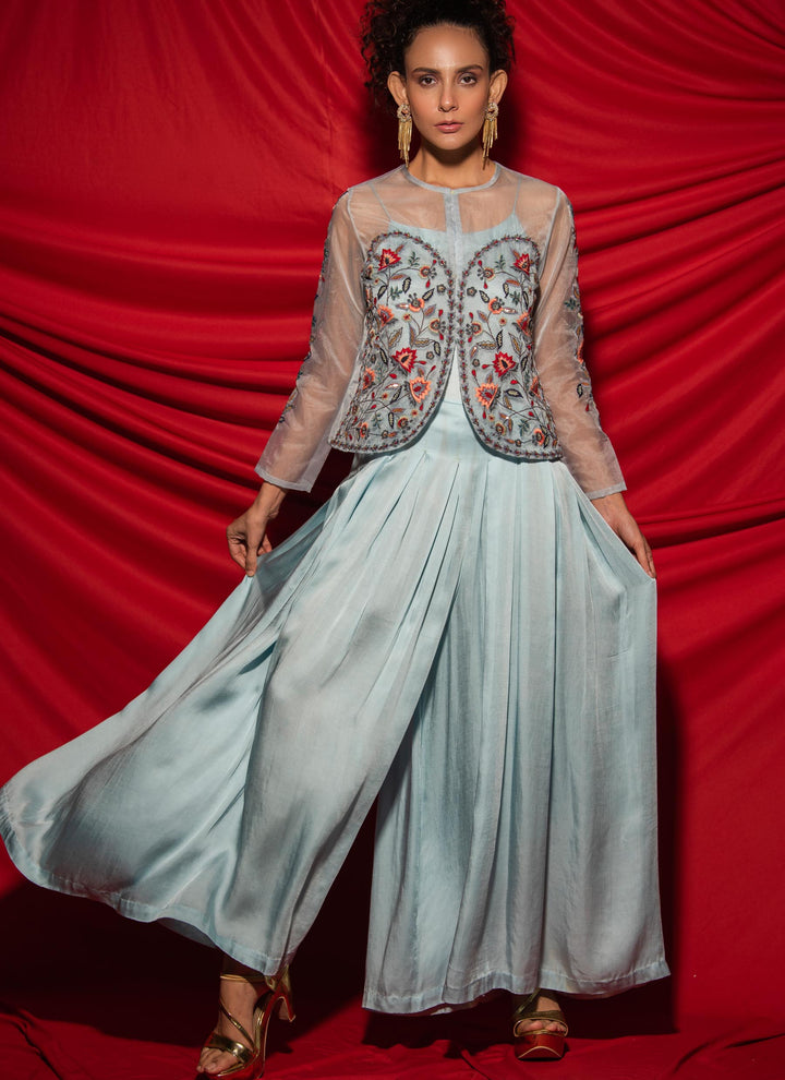 Blue Jumpsuit With Crop Top Jacket Straight