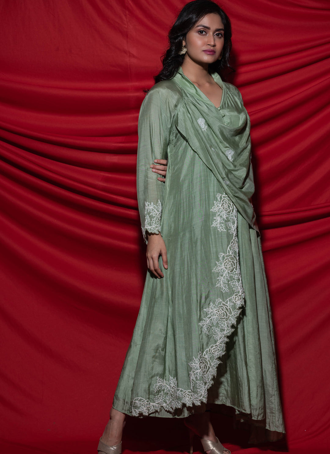 Green Cowl Dress Embroidery