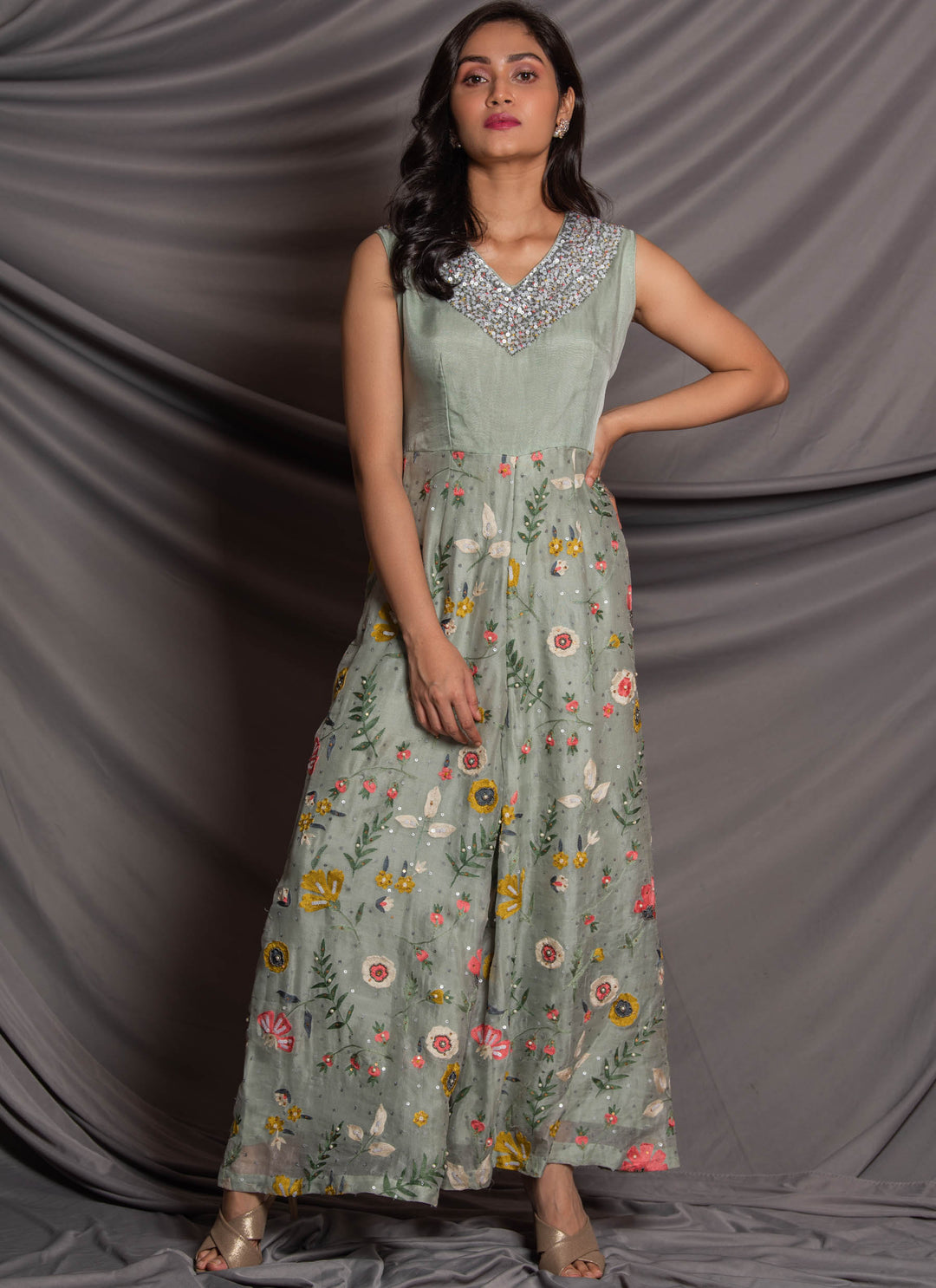 Green Floral Jumpsuit Full