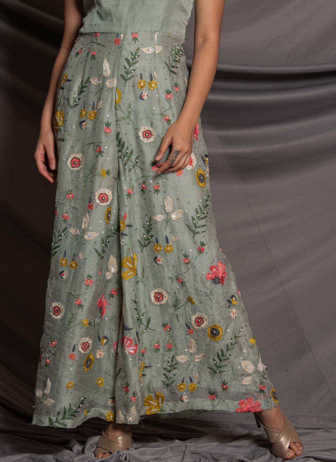 Green Floral Jumpsuit Embroidery