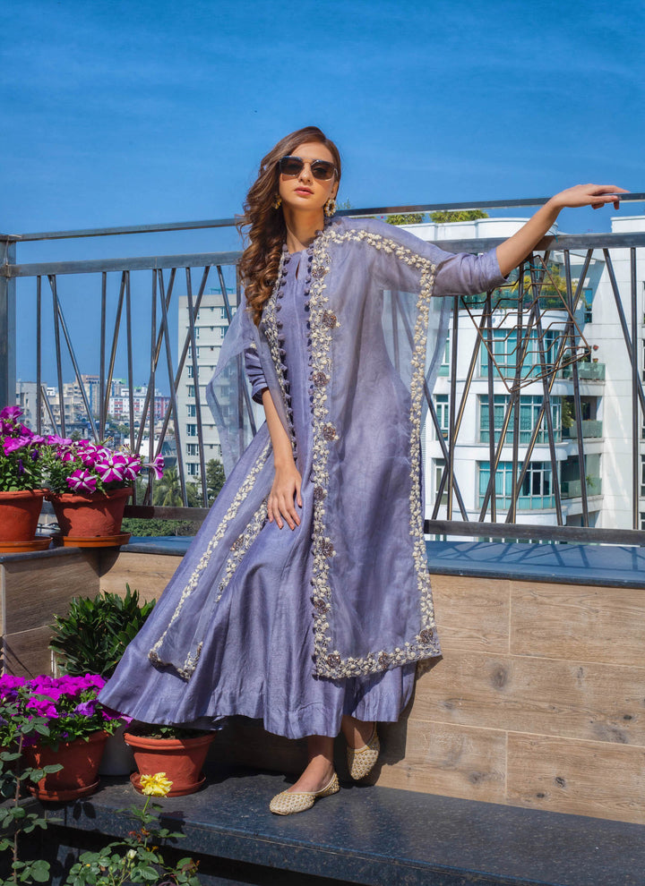 Grey Dress With Open Cape Jacket