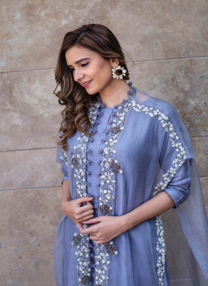 Grey Dress With Open Cape Jacket Close Up