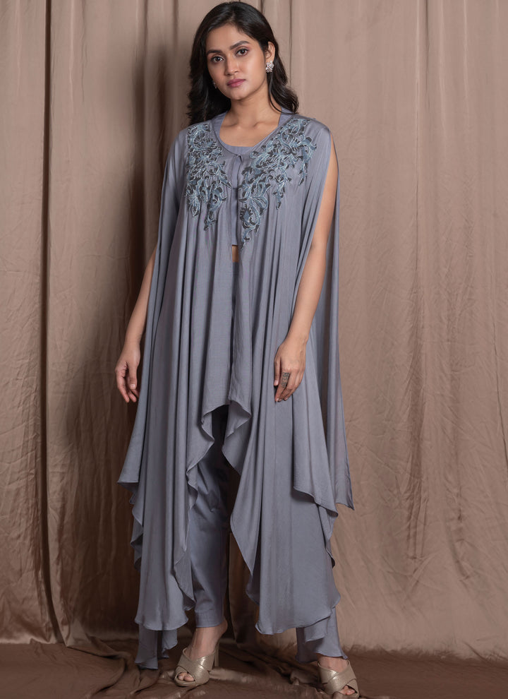 Grey Embroidered Poncho Full