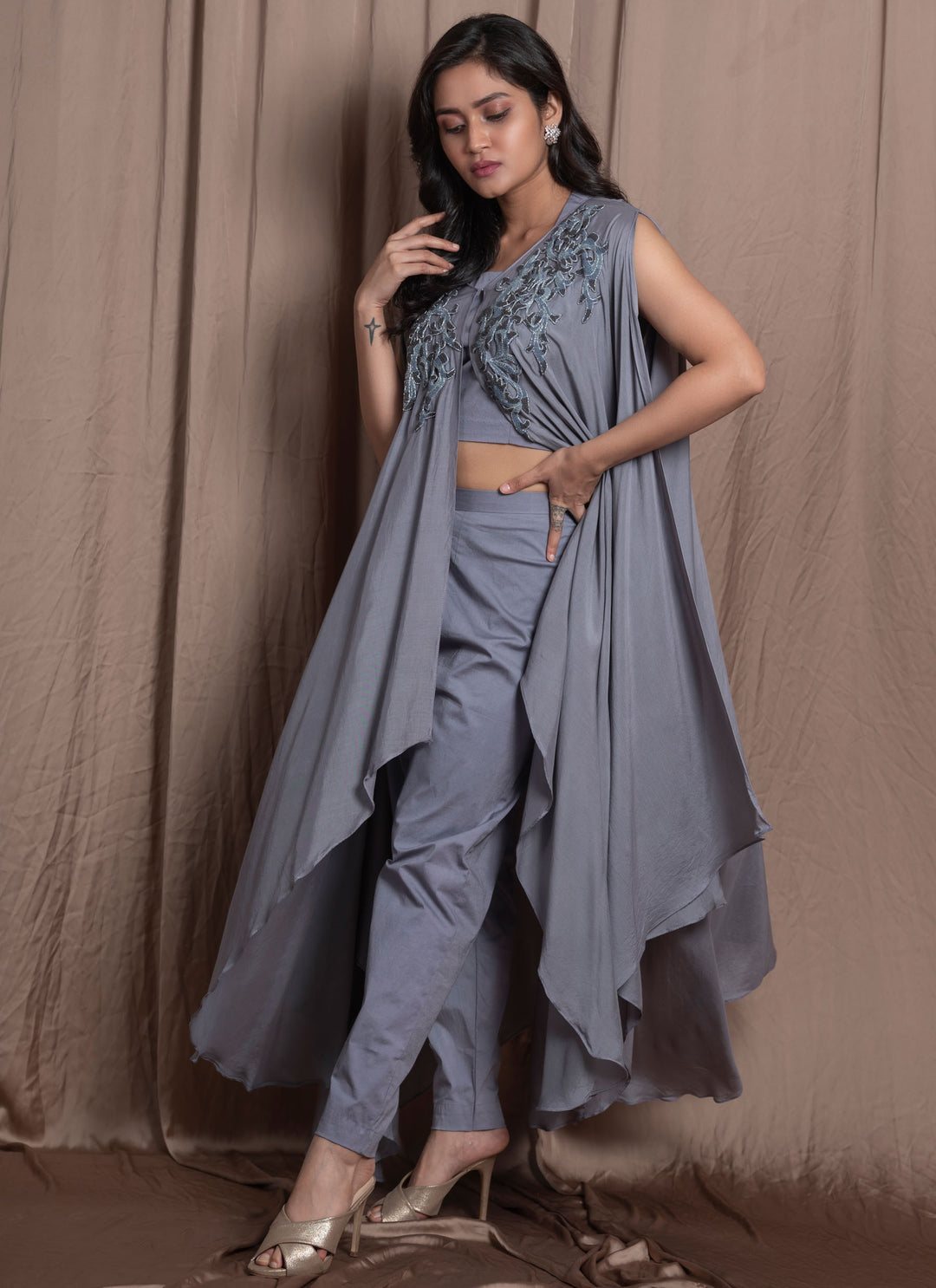 Grey Embroidered Poncho Pants