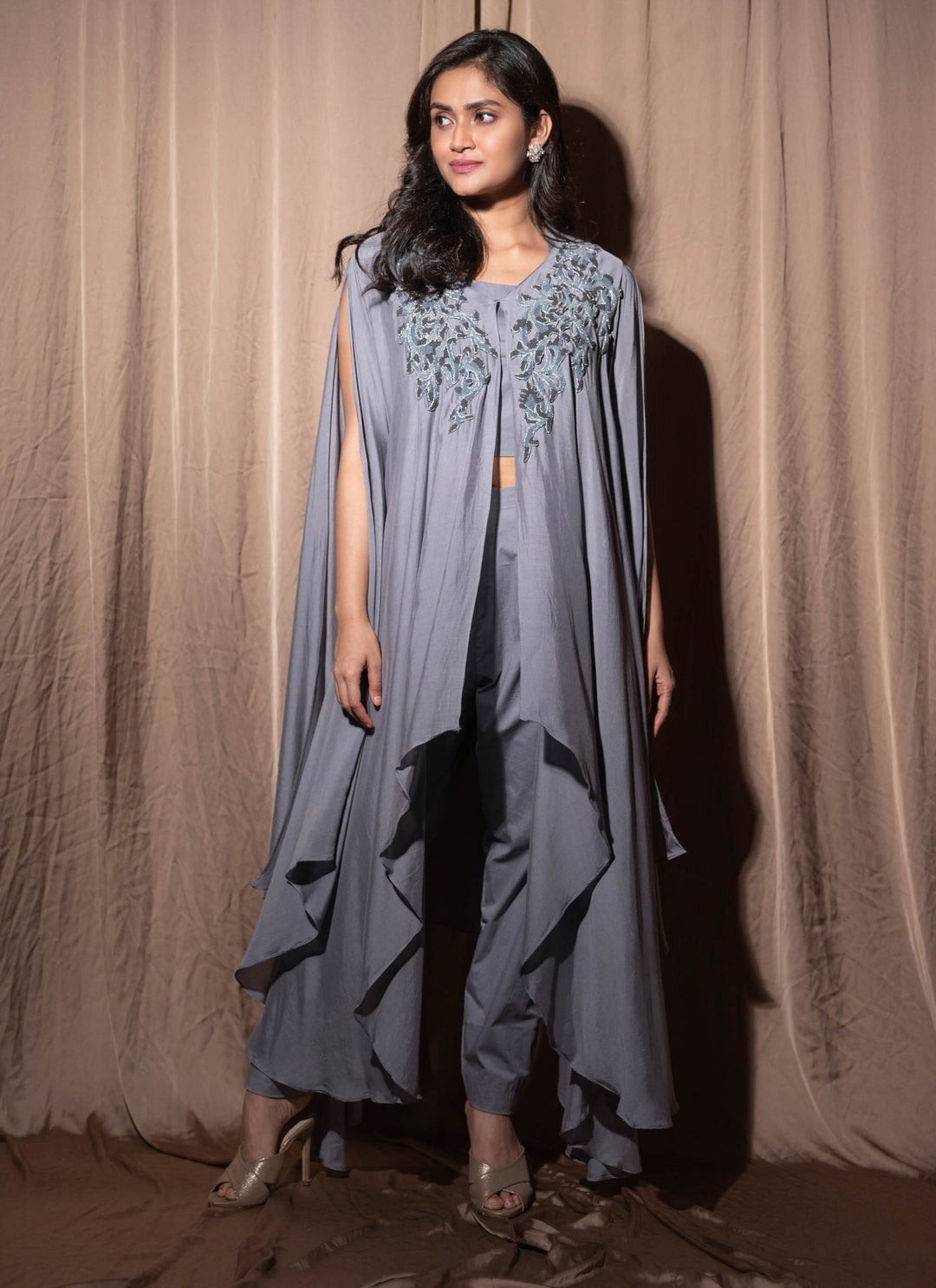 Grey Embroidered Poncho Party