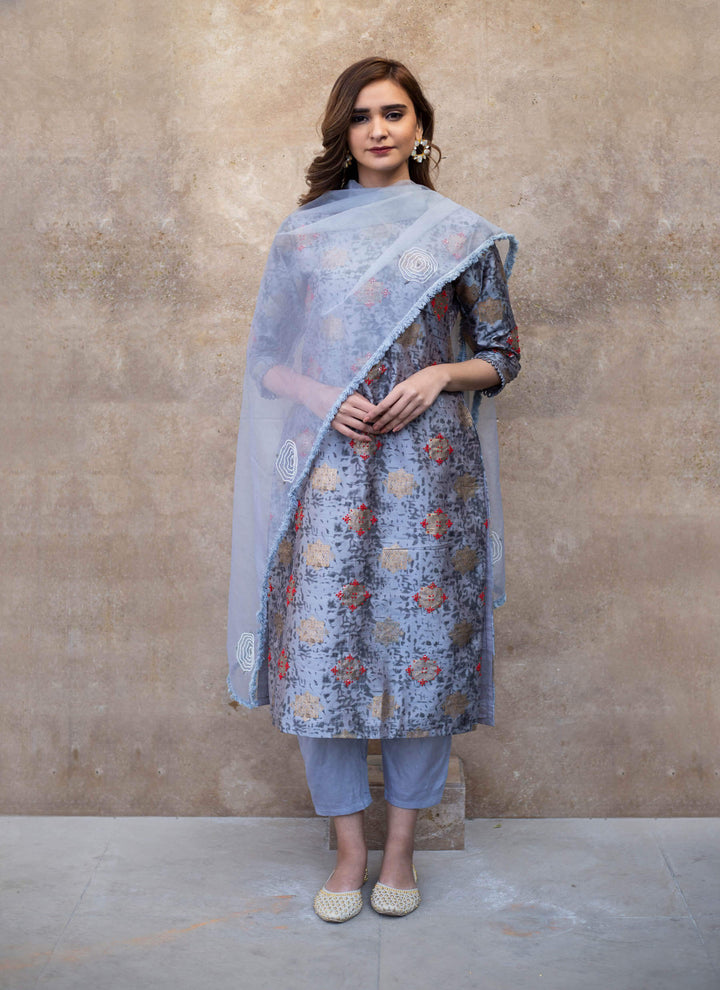 Grey Salwar Kameez In Handblock Print Full
