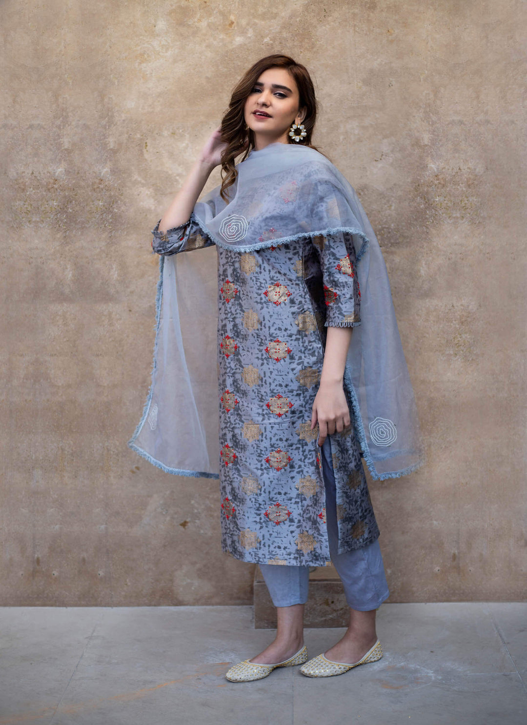 Grey Salwar Kameez In Handblock Print Right