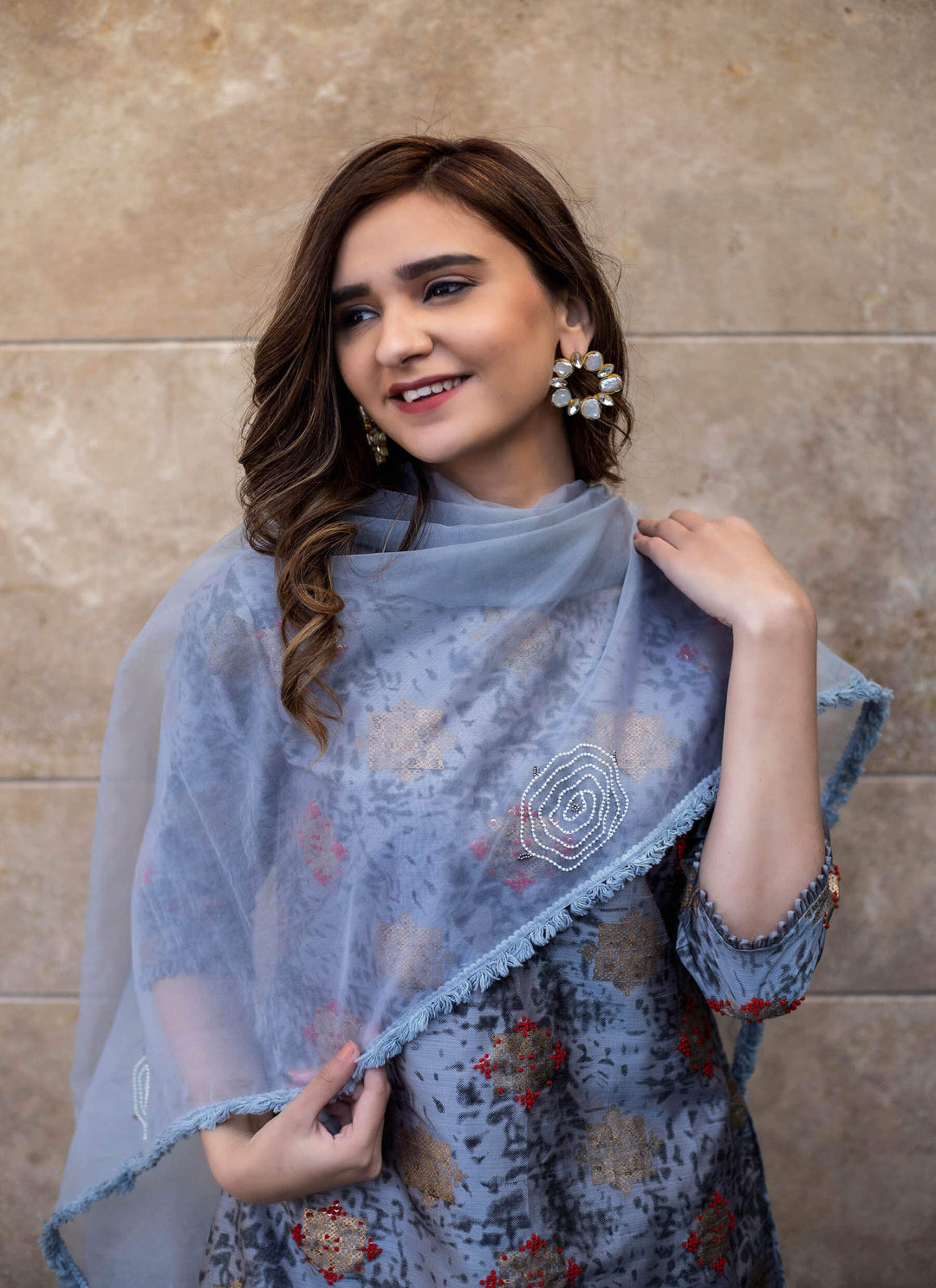 Grey Salwar Kameez In Handblock Print Close Up