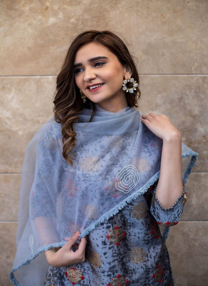 Grey Salwar Kameez In Handblock Print Close Up