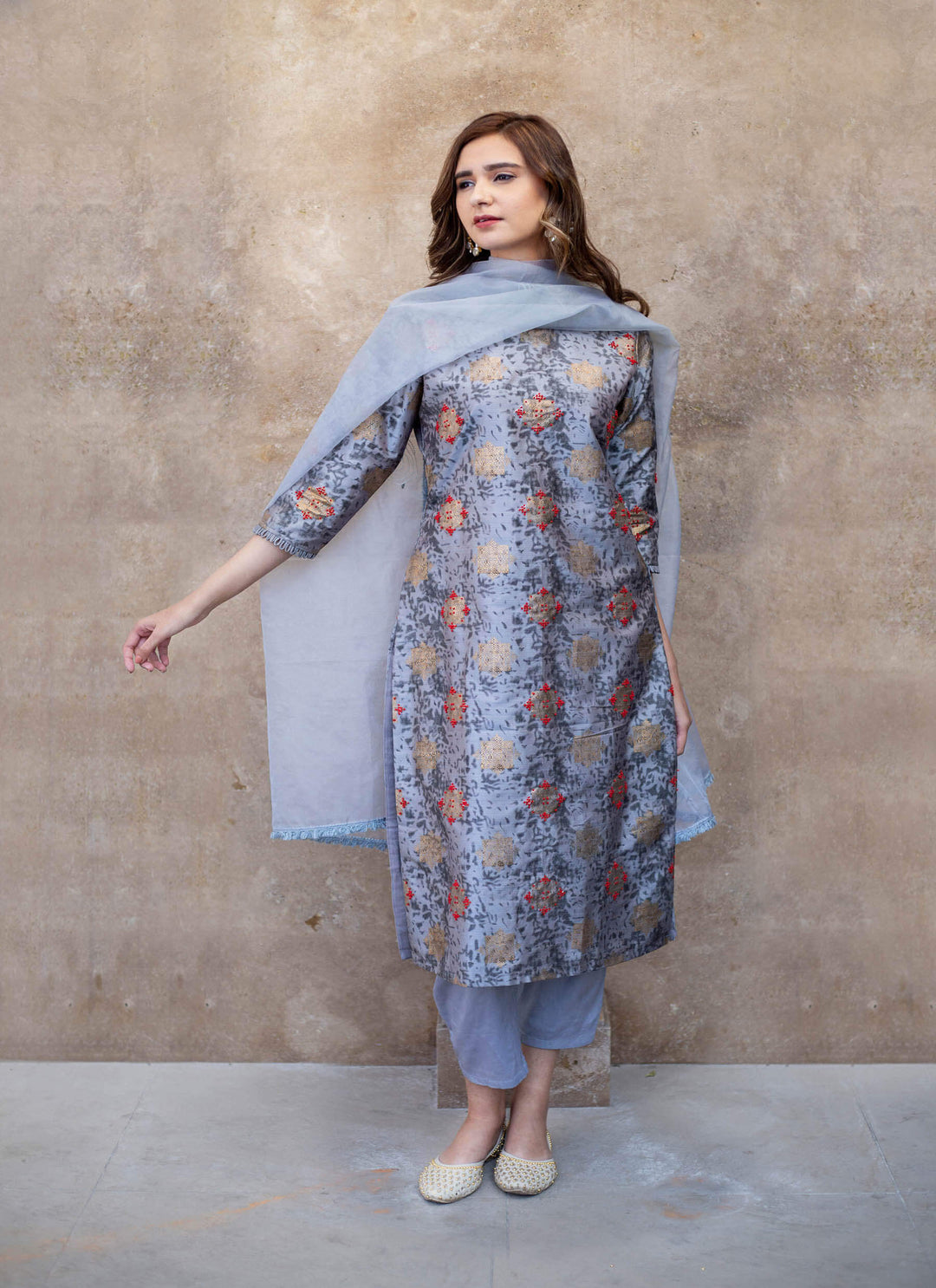 Grey Salwar Kameez In Handblock Print Front